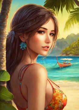 Tanned beautiful and sexy girl in the summer in the background. Art. AI generated.