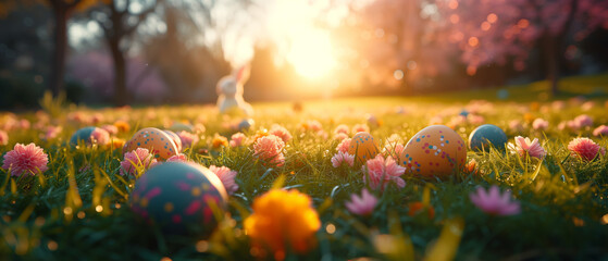 Easter eggs in the flower garden with warm morning sunlight and bunny in the background.