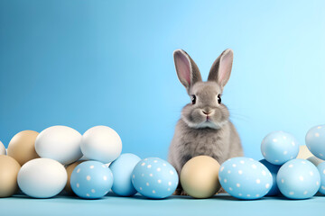 Gray rabbit with blue Easter eggs. Copy space background. AI generated