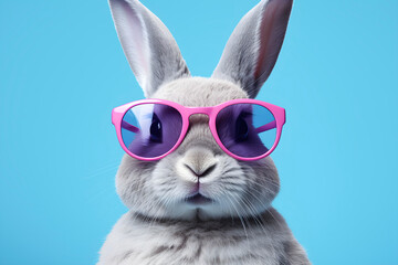 Portrait of a fashionable rabbit wearing pink sunglasses on blue background. AI generated