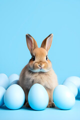 Fototapeta na wymiar Gray rabbit with blue Easter eggs on background. AI generated