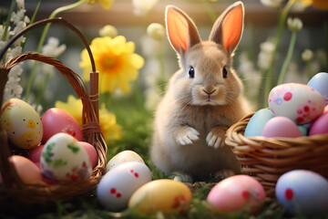 Fototapeta na wymiar Cute rabbit with colorful Easter eggs and flowers - spring celebration. AI generated