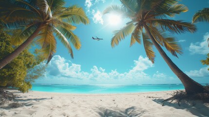 tropical landscape with airplane flying, summer vacation
