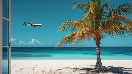 Fototapeta na wymiar tropical landscape with airplane flying, summer vacation