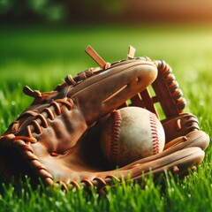 Baseball glove sits of lush green grass, with ball
