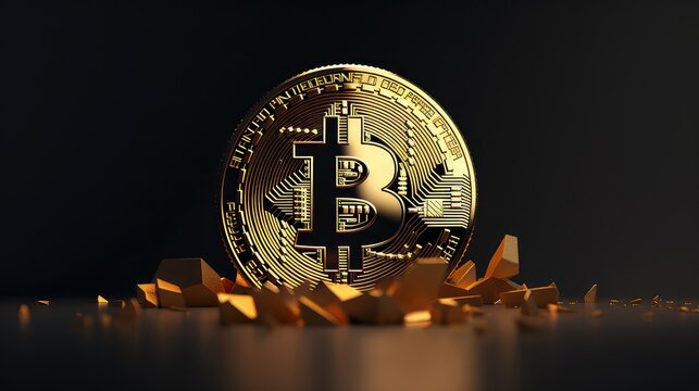 Golden bitcoin on black background. Cryptocurrency concept
