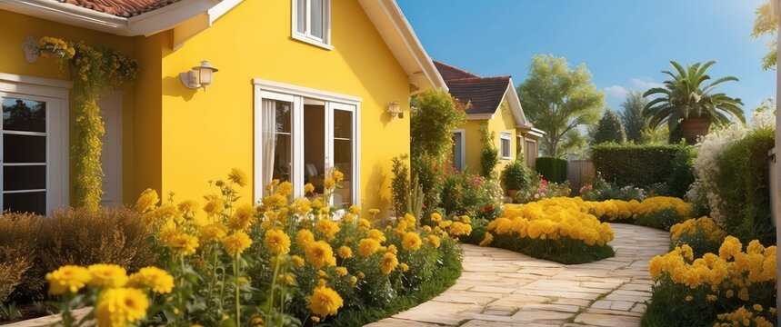 yellow house, home, garden, yellow flowers, pathway, photography backdrop