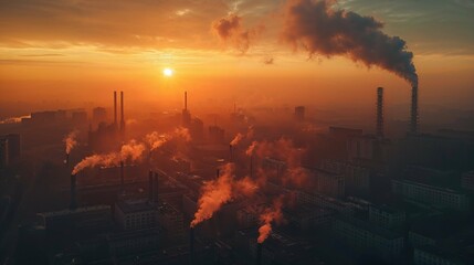 Fototapeta premium Dense white smoke and steam coming from a large manufacturing plant. Drone aerial view