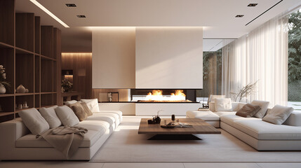 A living room decorated with furniture and white tones gives a minimalist style. Ai generate.