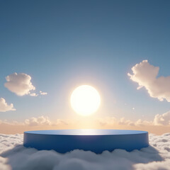 blue podium product showcase on the sky with cloud around and sun rise 4K Ai Generator