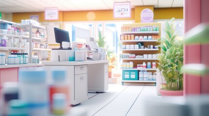 supermarket shelves with medicine bottles, drugstore blur background, drugstore concept