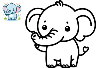 Coloring book for kids. Cheerful elephant character. Vector illustration. Cute cartoon style. Fantasy page for children. Black contour silhouette.