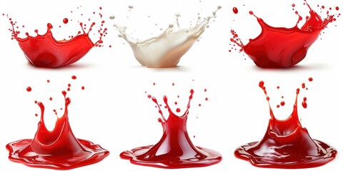 Set of red and white drops and splashes of ketchup or sauce isolated on white background. With clipping path. Full depth of field. Focus stacking. Generative AI 