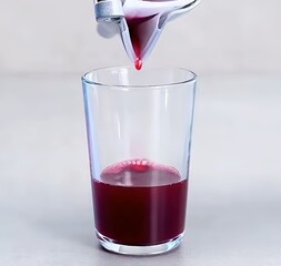 Pouring fresh juice into glass on white background.