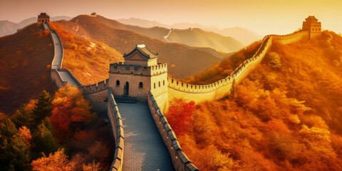 Tourism of the future in Great Wall of China - obrazy, fototapety, plakaty