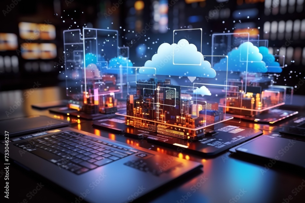 Poster visual representation of a smart city with digital cloud computing infrastructure over a laptop.