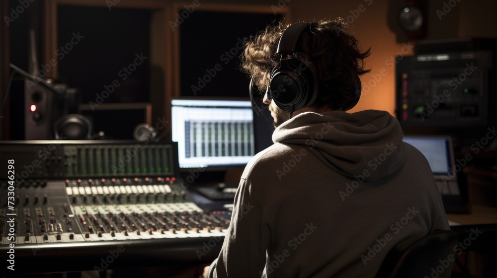 Poster music producer working on audio mixing console in recording studio, focused on sound engineering.
