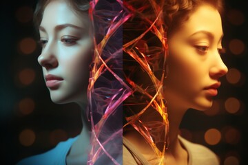 Twin sisters with a translucent DNA helix, symbolizing genetic similarities and differences.