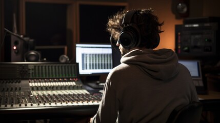 Music producer working on audio mixing console in recording studio, focused on sound engineering.