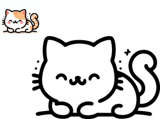 Colorful and black and white pattern for coloring. Illustration of cute kitten. Worksheet for children and adults. Vector image.