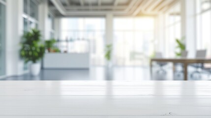 Fototapeta premium Empty White Table with Blurry Office Space Background