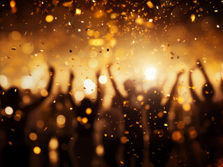 Golden festive background with falling sparkling confetti silhouettes of people dancing and defocused shiny golden bokeh lights with copy space holiday New Years Christmas concept festive background 