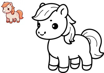 Cute cartoon horse pony. Black and white vector illustration for coloring book