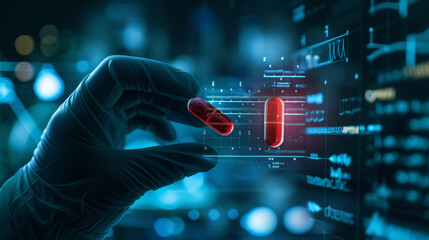 Close-up of a scientist holding a red capsule in gloves in a laboratory, with a futuristic interface in the air with chemical formulas, research data. Research, technology concept.