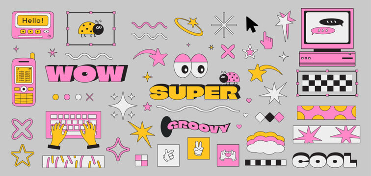 Retro pc in trendy y2k and groovy, cartoon styles. Vector illustration. Isolated background. Old mobile phone, eye, hands, ladybugs. Old computer aestethic elements. Nostalgia for 1990s -2000s