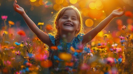 A girl's smile in a flower garden in the afternoon radiates enthusiasm on International Day of Joy