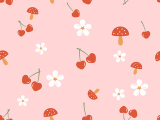 Seamless pattern with heart shape cherry, white flower and mushroom on pink background vector illustration.