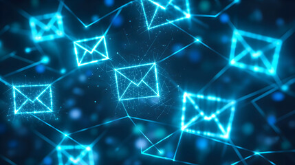 Digital Email Icons Floating in a Networked Space with Glowing Lines