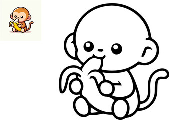 Obraz premium Vector illustration of cartoon monkey with banana, Coloring book