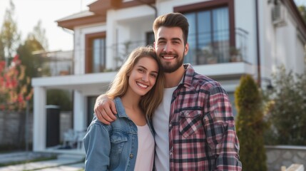 Happy Couple Embracing In Front of Their New Home
