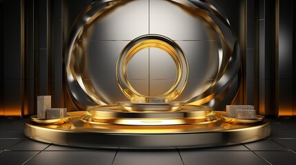 Scene of Deluxe Platform Showcase for Product Display with Shiny Gold and Silver Scheme 3d Rendered, generative ai, 