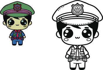 Policeman or police officer. Coloring page and colorful clipart character. cute cartoon for kids. Vector illustration.