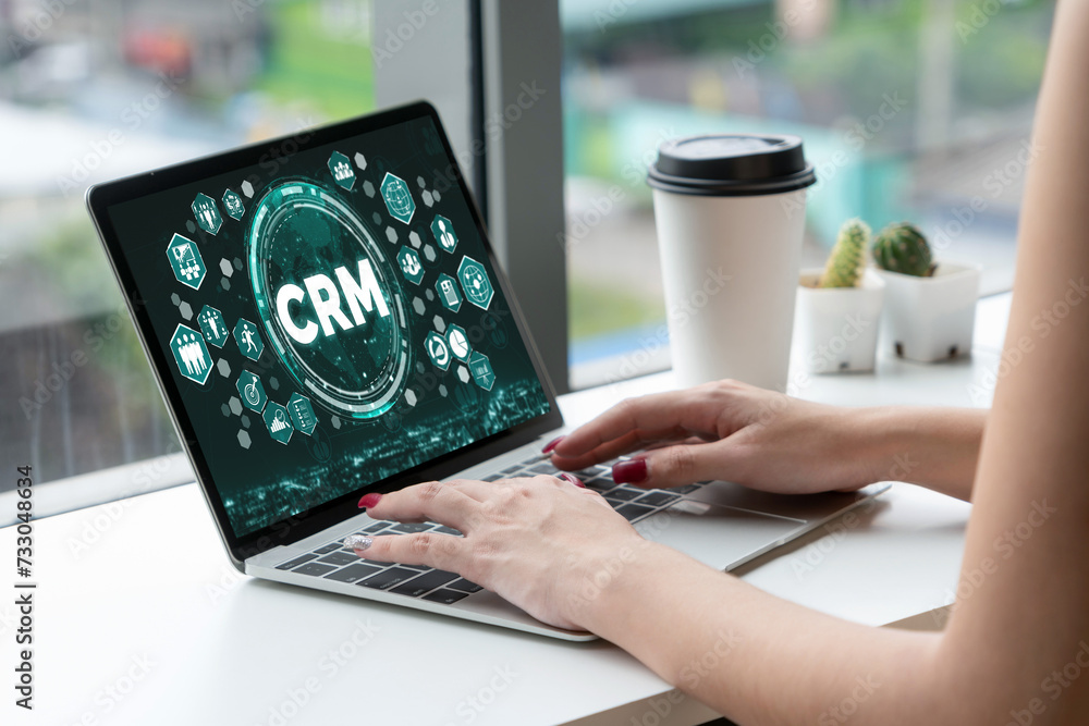 Poster customer relationship management system on modish computer for crm business and enterprise