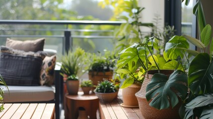 a modern balcony with beautiful furniture and great plants
