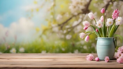 Spring Background In Front Of A Wooden Table