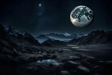 Zelfklevend Fotobehang Volle maan en bomen moon in night with mountain