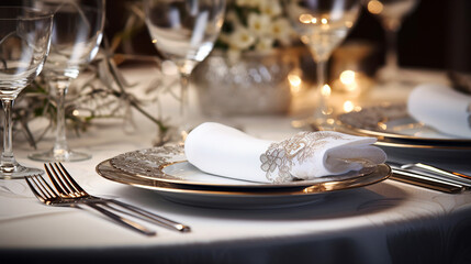 Close-up of an elegant table setup with glassware