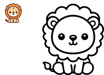 Cartoon cute lion. Coloring book with colorful sample. Vector illustration.