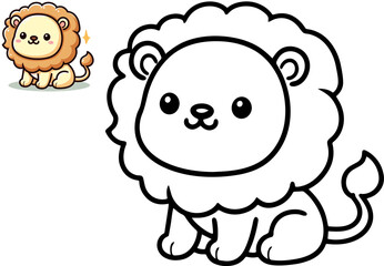 Cartoon cute lion. Coloring book with colorful sample. Vector illustration.