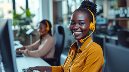 Portrait of happy African Americans working in a call center with a headset in the office. A call center agent with a headset makes a video call. - obrazy, fototapety, plakaty