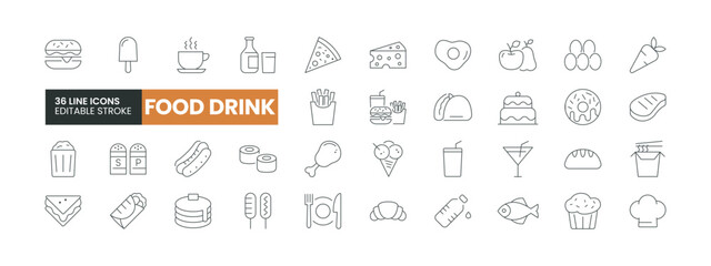 Set of 36 Food and Drink line icons set. Food and Drink outline icons with editable stroke collection. Includes Pizza, Burrito, Eggs, Chicken, Fish, and More.