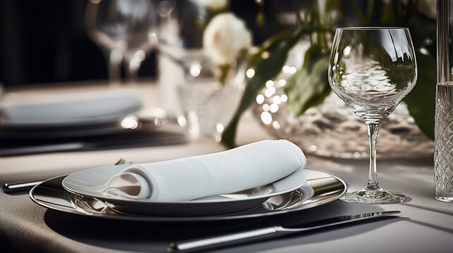 Close-up of an elegant table setting with crystal glassware and white roses