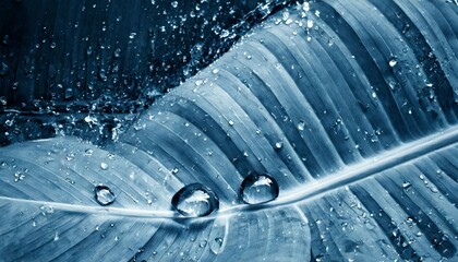 water drops splashing on tropical banana leaf blue color toned