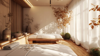 Cozy interior of a massage room in a modern spa salon. Style concept.