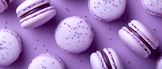 Obraz premium Purple macarons with decorations on purple background . Pastry food mockup.Flat lay. Minimal. Generative ai