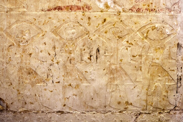 A scene with four men performing ritual dancing with the word for dance inscribed between them - a mural the Old Kingdom mastaba of the brothers Niankhnmum and Khnumhotep Saqqara, Egypt